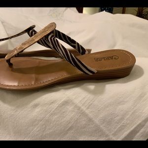 Sandals with zebra print band & antique gold front